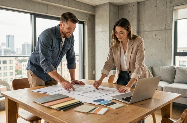 Couple de professionnels en train d'analyser des plans architecturaux pour un projet immobilier en 2024