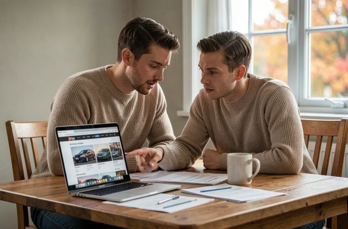 Un couple compare des offres de voitures en ligne depuis leur domicile, illustrant la recherche du meilleur moment pour acheter un véhicule au meilleur prix