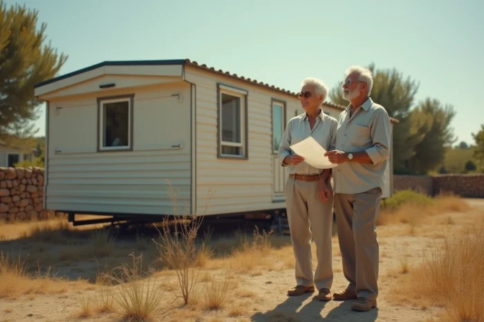 Couple de retraités français consultant des documents administratifs devant leur mobil-home ancien sur un terrain privé dans le sud de la France