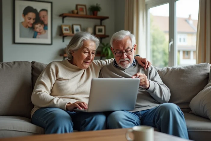 Un couple de seniors naviguant ensemble sur un ordinateur portable dans leur salon, illustrant l'entraide numérique et la sécurité en ligne pour les personnes âgées