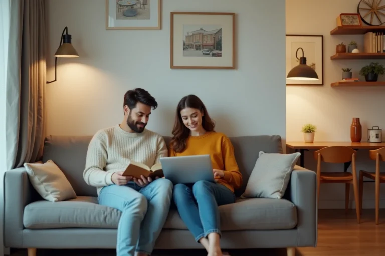 Couple vivant dans un appartement T2 organisé, partageant un salon-salle à manger cosy et bien aménagé