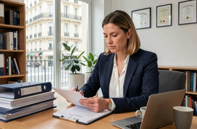 Femme entrepreneur en blazer marine consultant des documents juridiques pour la création d'entreprise dans un bureau moderne à Paris