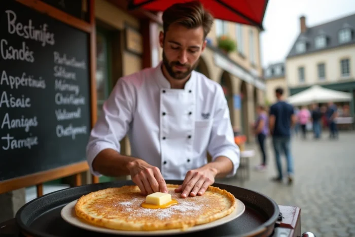 Jeune crêpier breton préparant une crêpe au beurre salé et miel sur un stand de marché traditionnel en village breton