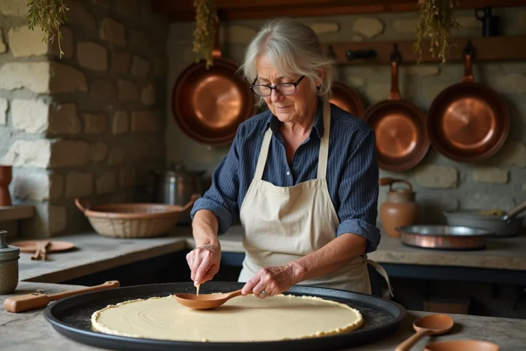 Crêpière bretonne étalant la pâte à galette de sarrasin sur un billig en fonte dans une cuisine artisanale en pierre