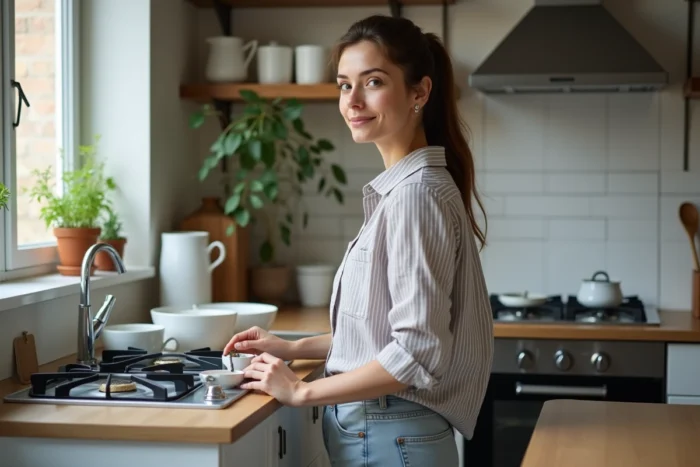 Femme rangeant la cuisine compacte d'un appartement T2, illustrant les solutions de rangement pour petit espace