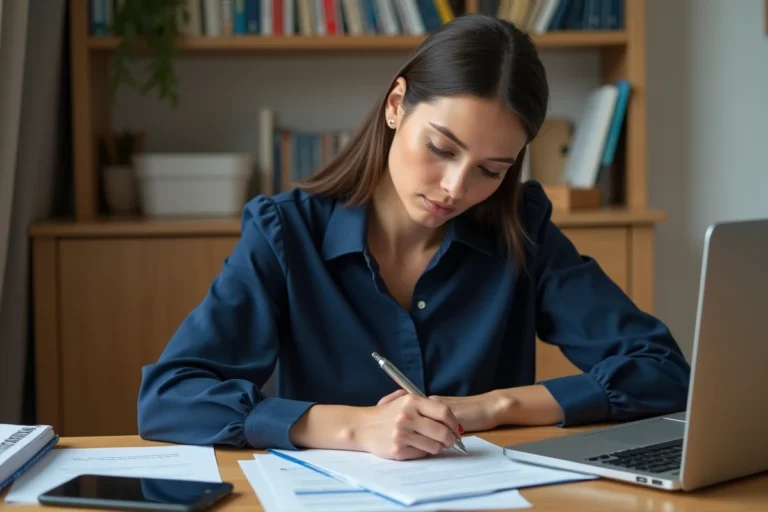 Femme remplissant un formulaire de demande de logement social à son bureau à domicile