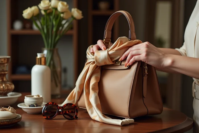 Gros plan sur des mains féminines nouant un foulard en soie sur un sac à main de luxe, entouré d'accessoires tendance sur une coiffeuse en noyer
