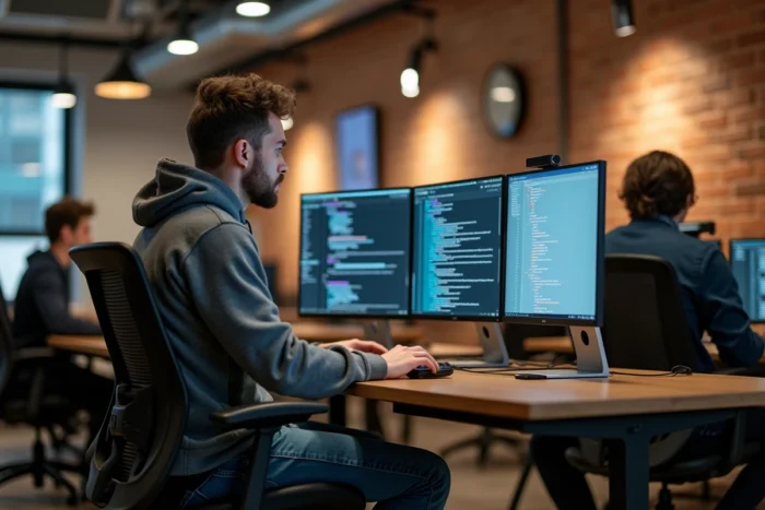Développeur informatique travaillant sur deux écrans dans un bureau de startup moderne, symbolisant les métiers tech bien payés dépassant 5000 euros par mois en France
