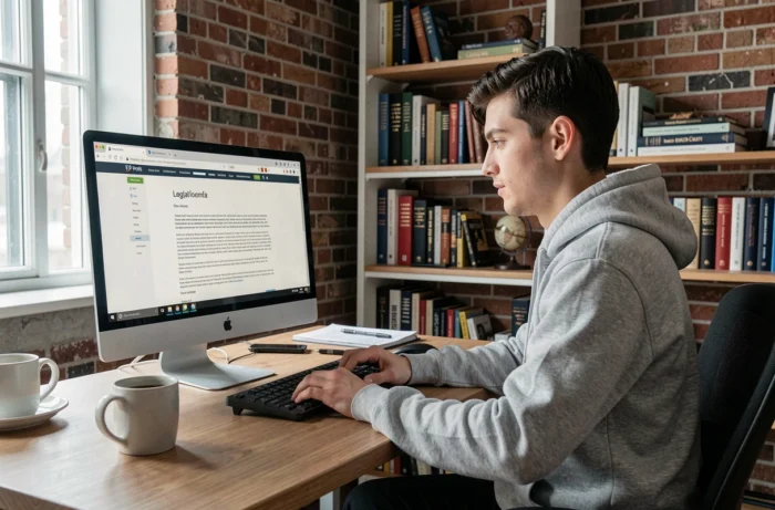 Développeur web consultant les mentions légales obligatoires sur son ordinateur depuis son bureau à domicile