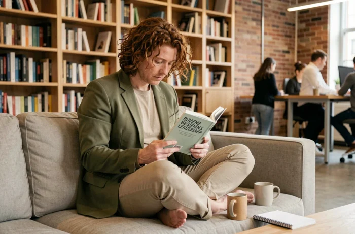 Jeune dirigeant lisant un livre de leadership dans un espace de coworking contemporain