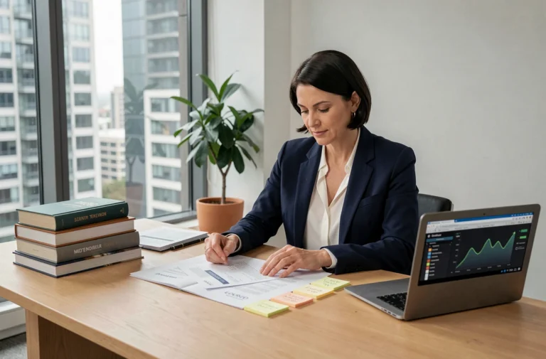 Dirigeante expérimentée analysant des rapports stratégiques dans un bureau moderne avec vue sur la ville