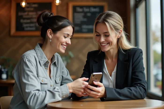 Deux hôtes échangent des conseils sur la gestion d'un compte de location courte durée autour d'un café, image illustrant l'entraide et les bonnes pratiques pour les nouveaux hôtes