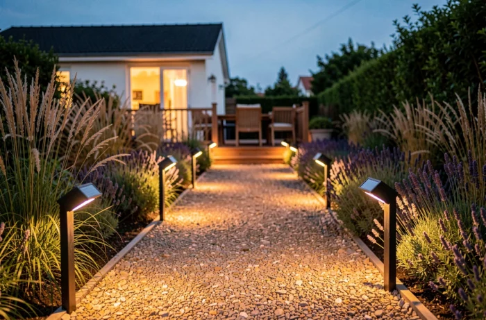 Balisage de chemin de jardin avec lampes solaires basse tension au crépuscule le long d'une allée en gravier