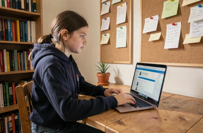 Élève collégienne se connectant à l'ENT Somme sur un ordinateur portable dans sa chambre