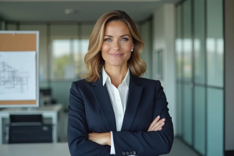 Femme professionnelle dans un bureau immobilier moderne, illustrant le parcours professionnel d'Elizabeth Huberdeau après son divorce