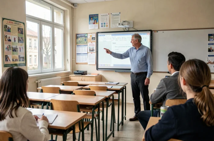 Enseignant présentant l'ENT Somme à ses élèves dans une salle de classe de collège
