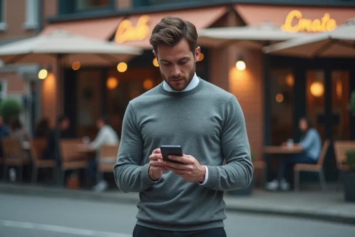 Entrepreneur consultant en marketing digital consultant une application de calendrier de contenu sur smartphone en milieu urbain