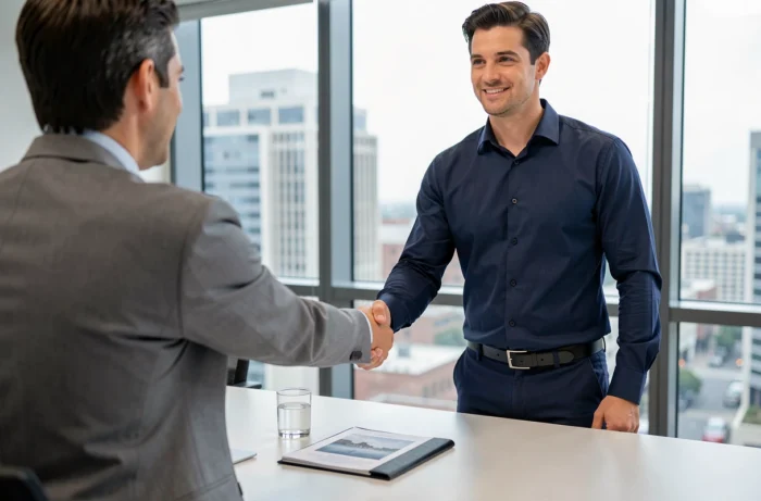 Candidat serrant la main d'un recruteur lors d'un entretien d'embauche dans un bureau moderne
