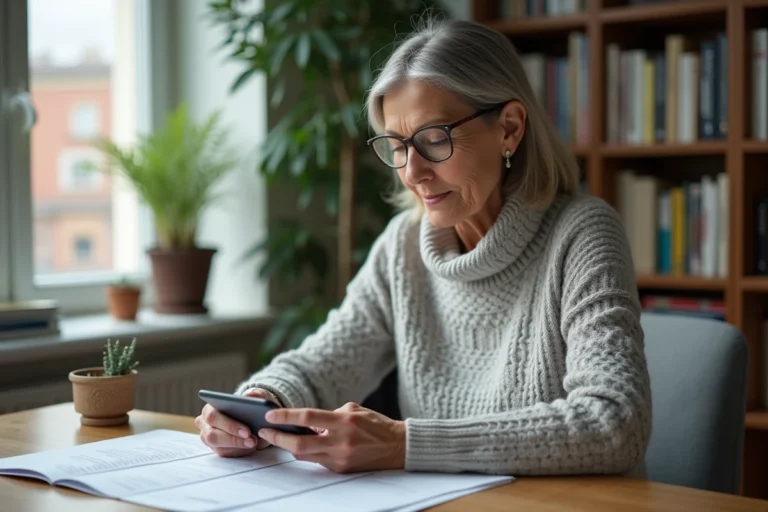 Femme de 50 ans numérisant un document administratif avec son smartphone dans un bureau à domicile pour l'envoyer à Agirc-Arrco