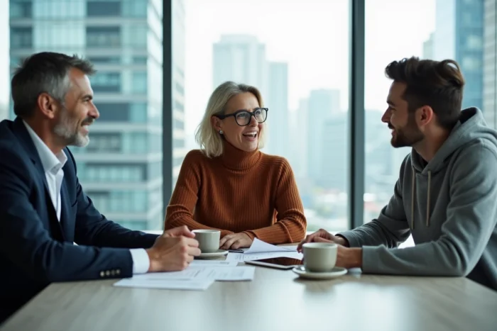 Équipe d'entrepreneurs en réunion stratégique autour d'une table avec rapports et données dans une salle vitrée