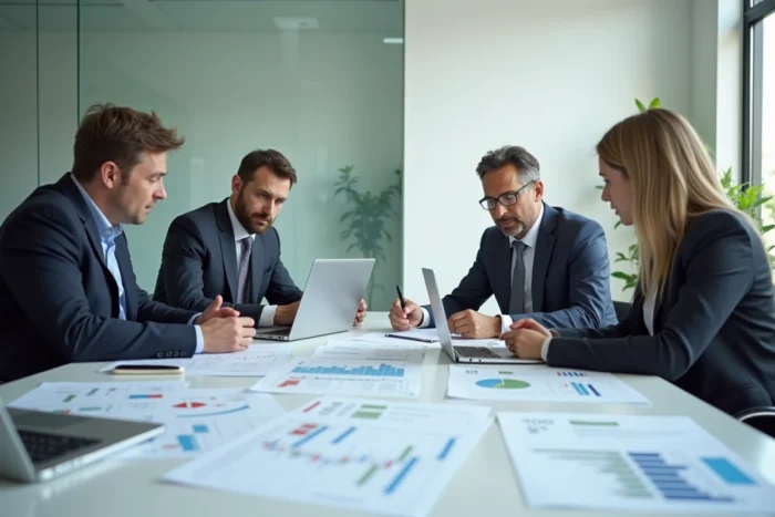 Équipe de professionnels réunis autour d'une table de conférence pour discuter des stratégies d'investissement en 2024