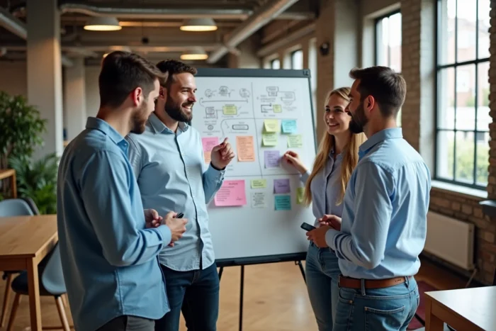 Équipe marketing collaborative élaborant une stratégie de visibilité en ligne sur tableau blanc dans un espace de coworking