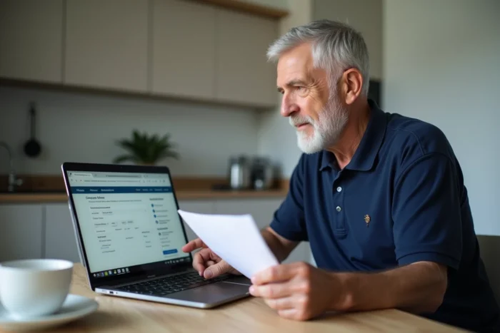 Homme senior naviguant sur l'espace en ligne Agirc-Arrco pour déposer un document depuis son ordinateur portable à la maison