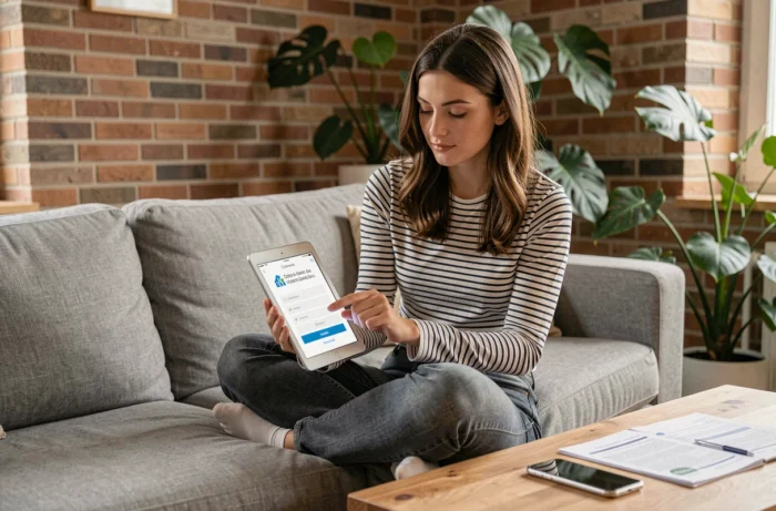 Jeune femme consultant les étapes de connexion à son espace Anah sur une tablette dans un salon moderne
