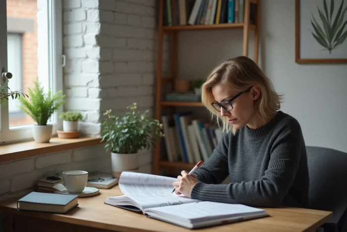 Une femme étudie seule à son bureau les documents de sa formation doula à domicile, illustrant le parcours individuel et théorique du cursus doula en France