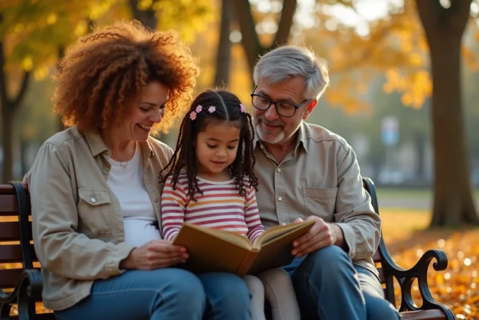 Famille adoptive heureuse réunie dans un parc parisien en automne, illustrant la vie après l'adoption d'un enfant en France