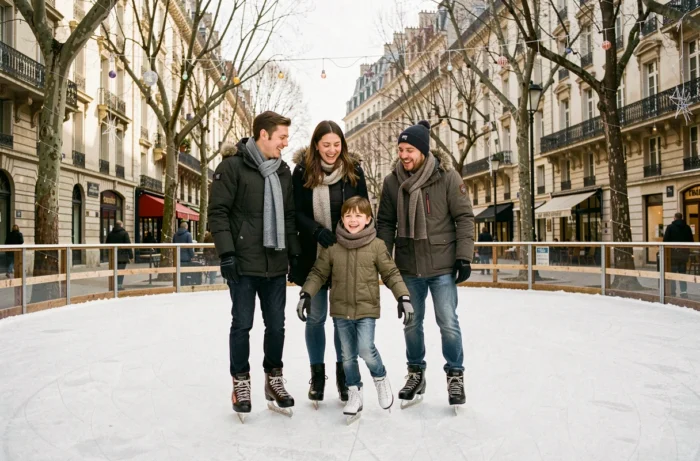 Famille profitant d'une patinoire en plein air à Lyon en hiver