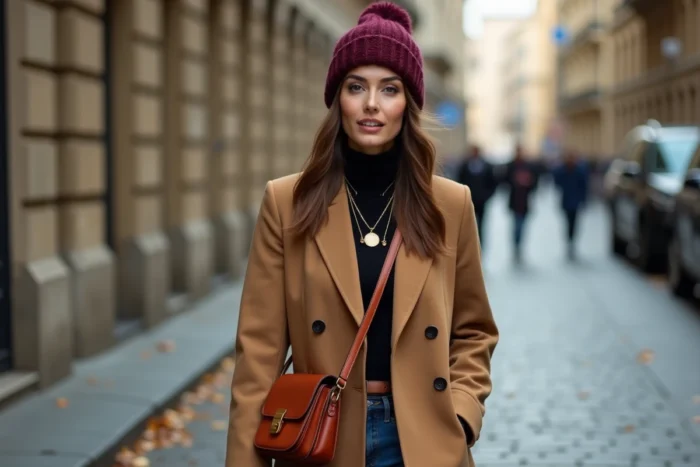 Femme élégante portant des accessoires tendance automne — bonnet en maille, sac bandoulière en cuir cognac et colliers dorés dans une rue pavée européenne