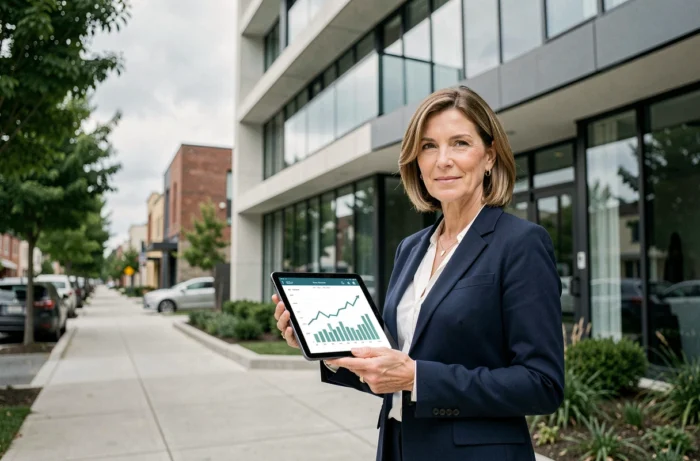 Femme professionnelle de l'immobilier devant un immeuble résidentiel moderne illustrant les tendances 2024