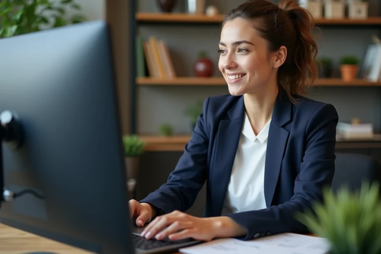 Femme professionnelle analysant des tableaux de bord marketing digital sur un ordinateur dans un bureau moderne en 2024
