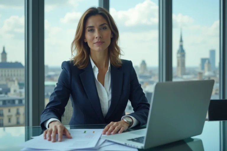 Femme cadre en entreprise consultant des documents financiers dans un bureau parisien moderne, illustrant les métiers bien rémunérés en France