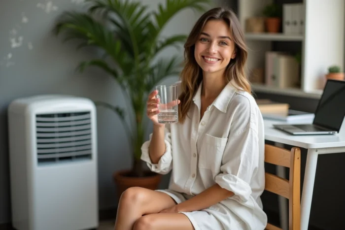 Femme en tenue estivale assise devant un climatiseur mobile dans un bureau à domicile, tenant un verre d'eau avec une expression détendue