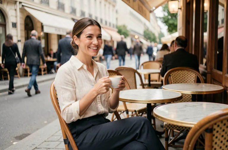 Femme confiante et souriante attablée dans un café parisien, dégageant chaleur et assurance naturelle