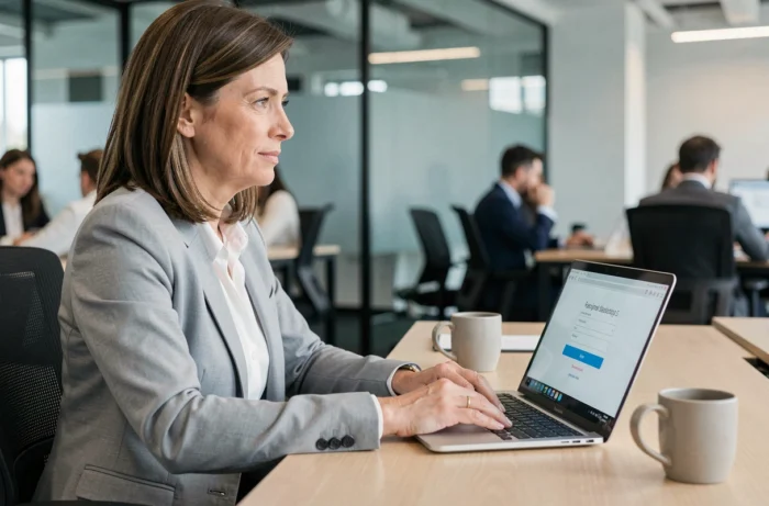 Femme professionnelle connectée à son espace personnel Arkevia sur un ordinateur portable au bureau