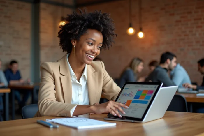 Femme professionnelle consultant des données financières sur une tablette dans un espace de coworking moderne