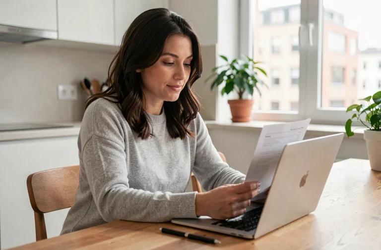 Femme consultant un document de crédit express sur son ordinateur portable dans une cuisine moderne