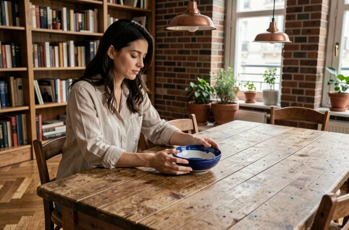 Femme décorant sa salle à manger avec un bol en céramique japonaise peinte à la main