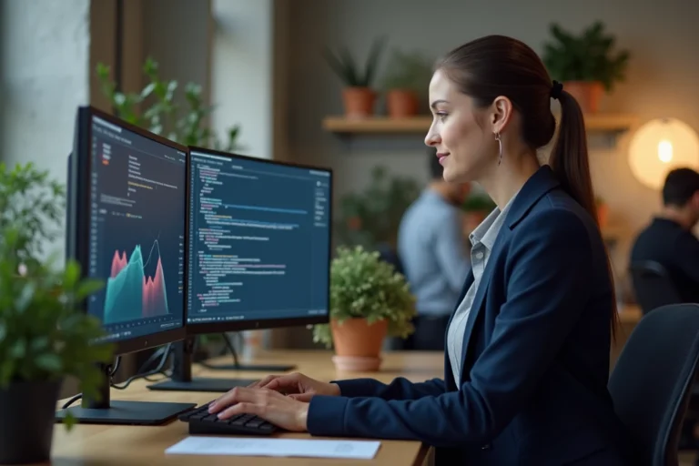 Femme développeuse travaillant sur deux écrans dans un bureau moderne avec une interface de code visible
