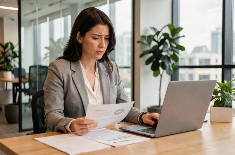Femme consultant des documents immobiliers dans une agence moderne, illustrant la recherche d'une solution de logement fiable