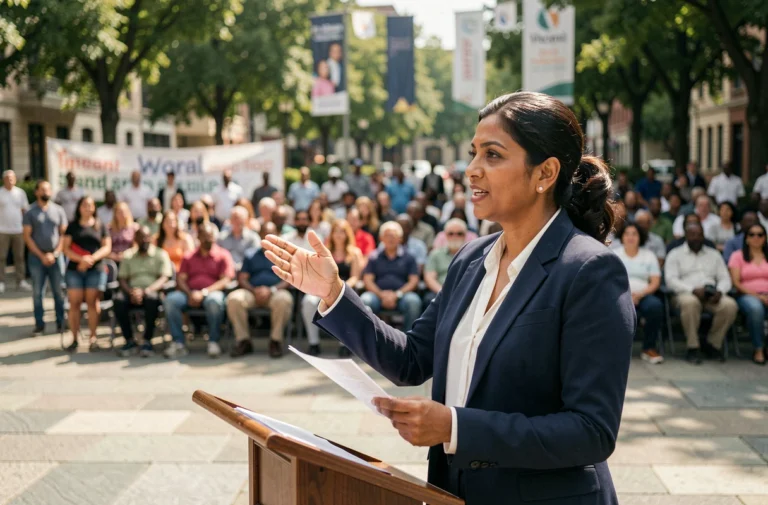 Femme engagée prenant la parole lors d'un rassemblement communautaire en plein air, symbolisant l'engagement féminin dans la vie civique