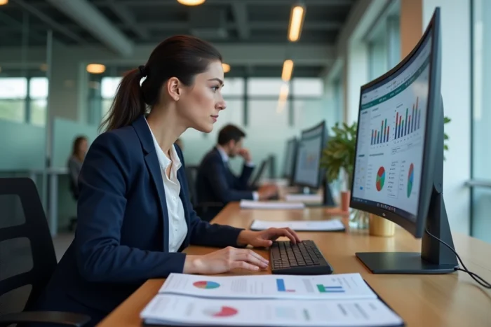 Femme consultant un tableau de bord ERP Dynamics NAV sur grand écran dans un bureau moderne