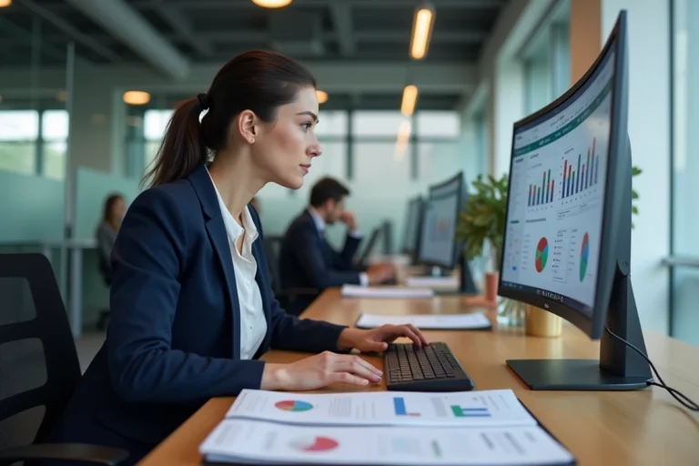 Femme consultant un tableau de bord ERP Dynamics NAV sur grand écran dans un bureau moderne