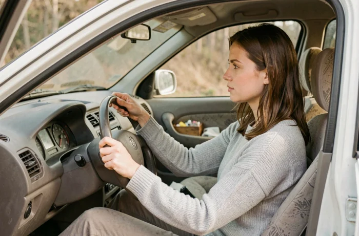 Femme au volant d'une voiture d'occasion évaluant l'intérieur avant achat