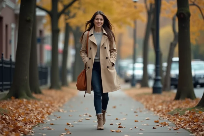 Femme indépendante marchant dans une rue urbaine en automne, symbole de reconstruction personnelle et de liberté après un divorce médiatisé