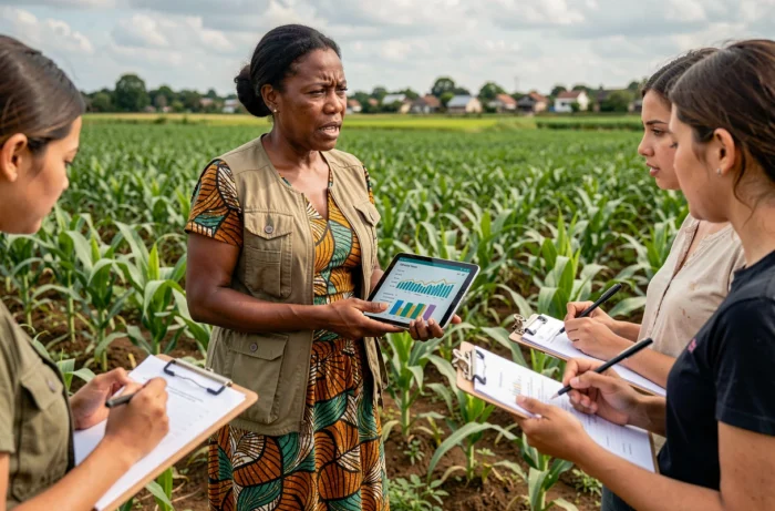 Femme africaine engagée dans un projet agricole rural, encadrant de jeunes femmes sur le terrain avec une tablette de données
