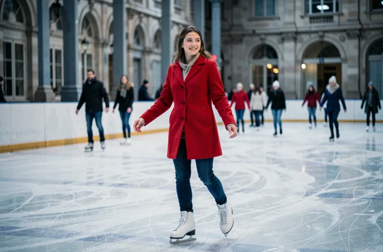 Femme patinant sur une patinoire intérieure à Lyon en manteau rouge